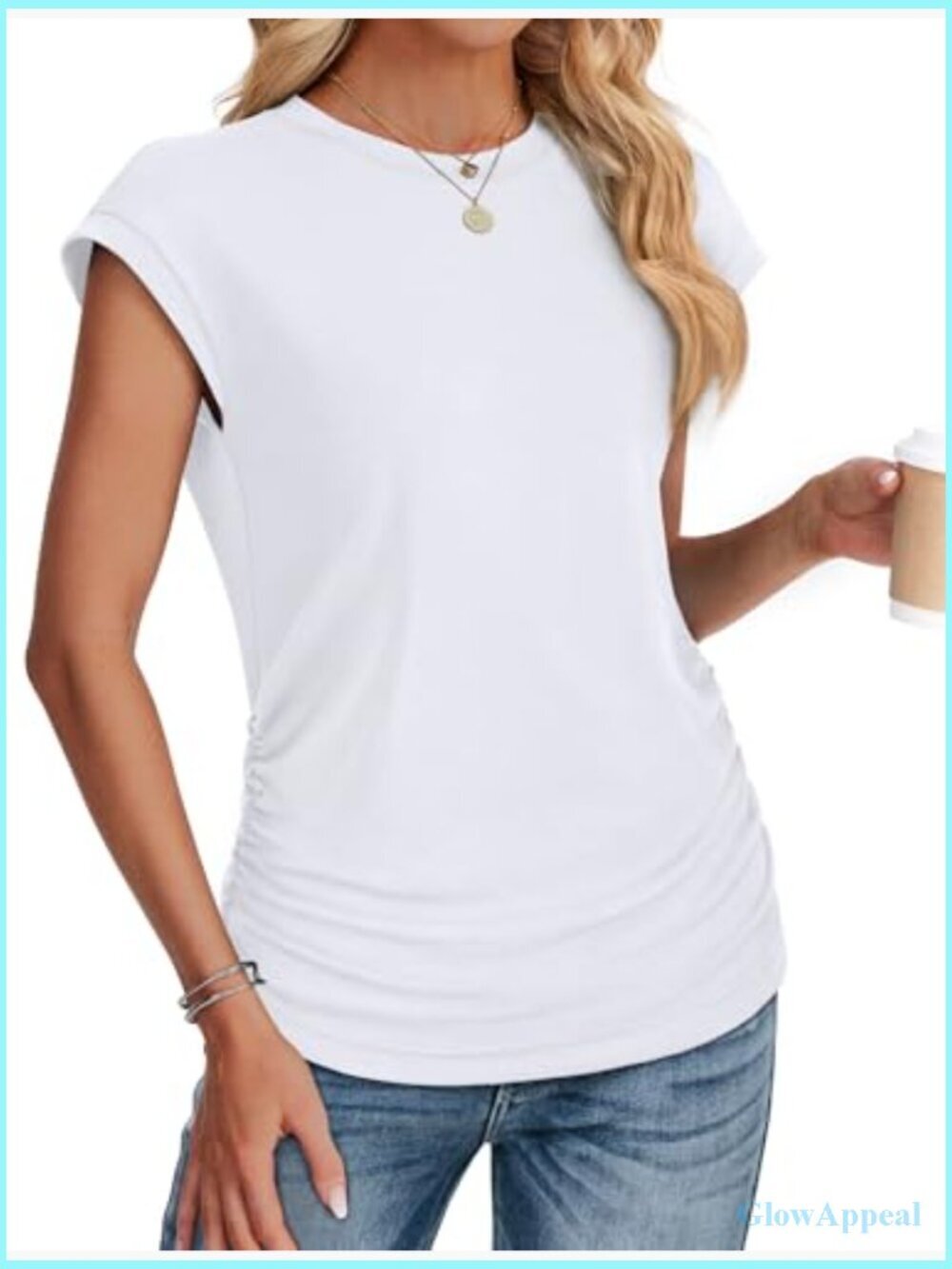 Ruched Cap Sleeve T-Shirt, Loose Fit, Polyester Blend, Summer Top - Picture 3 of 5